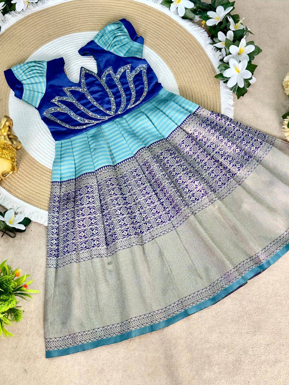 Lotus Frock Jaquard Silk Dark Blue Affordable kids clothing wholesale